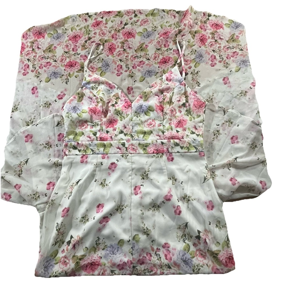 Lulus Floral High Low Maxi Dress‎ Pink White V-Neck Adjustable Straps Large